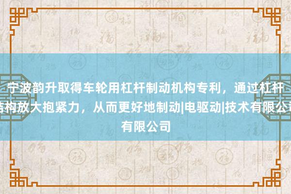宁波韵升取得车轮用杠杆制动机构专利，通过杠杆结构放大抱紧力，从而更好地制动|电驱动|技术有限公司
